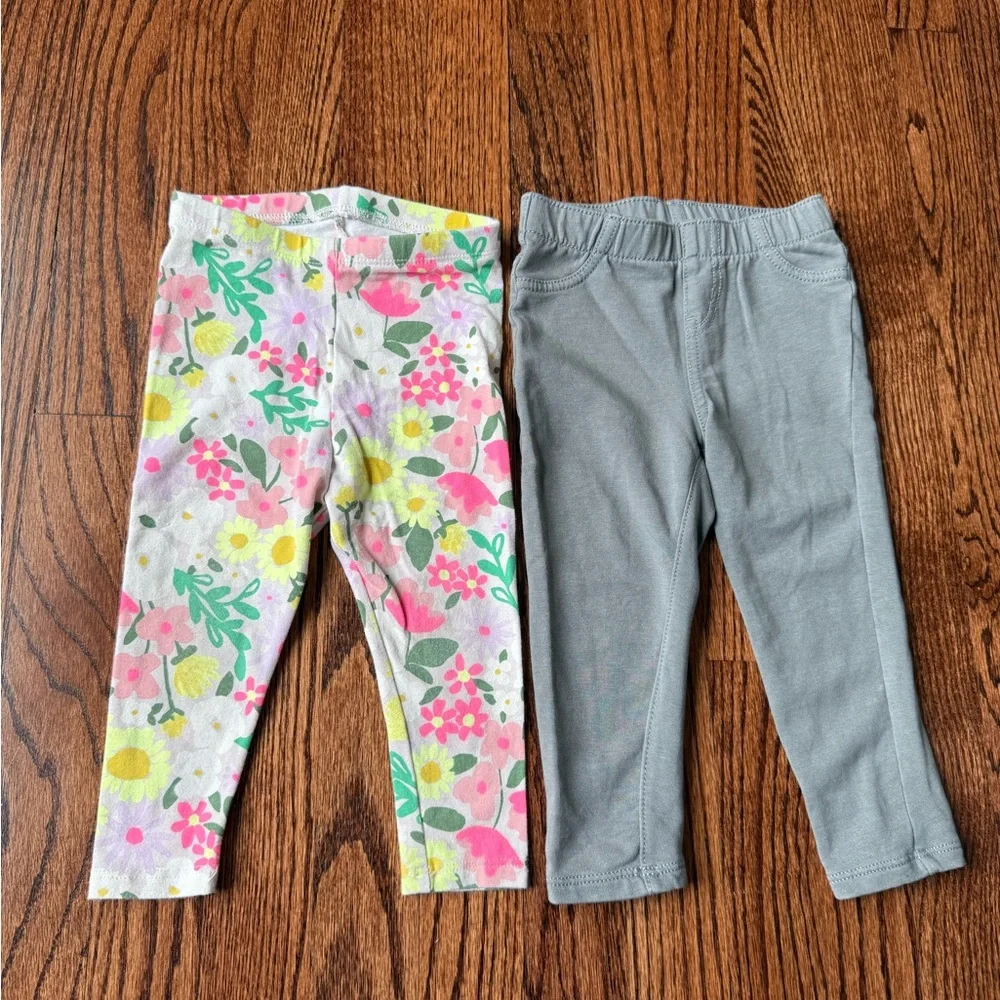 2 Pair Set Cat & Jack Floral & Gray Baby Girl Leggings - Size 18 months